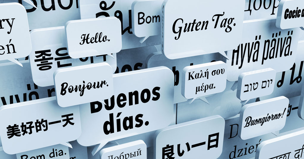 Balões de fala com saudações em diversos idiomas do mundo.